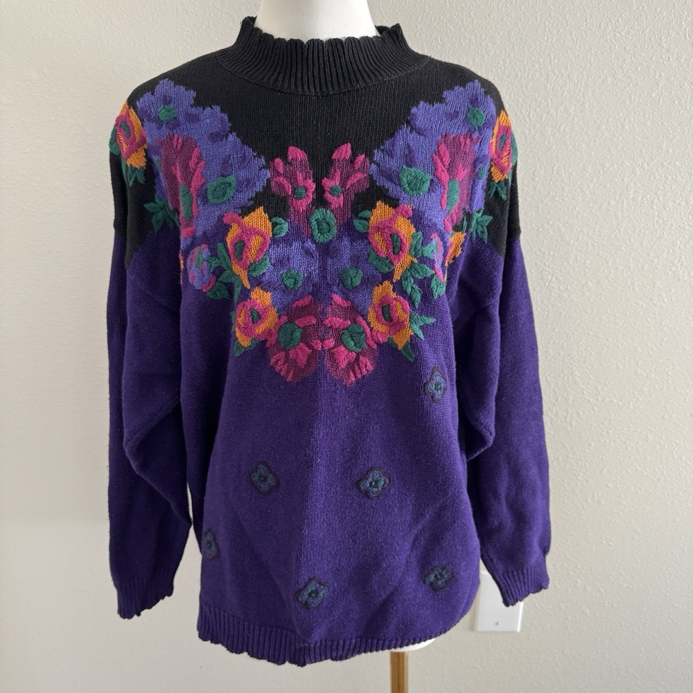Vintage 90s Womens XL Ramie Sweater Grannycore Flower Embroidered Colorful Fall